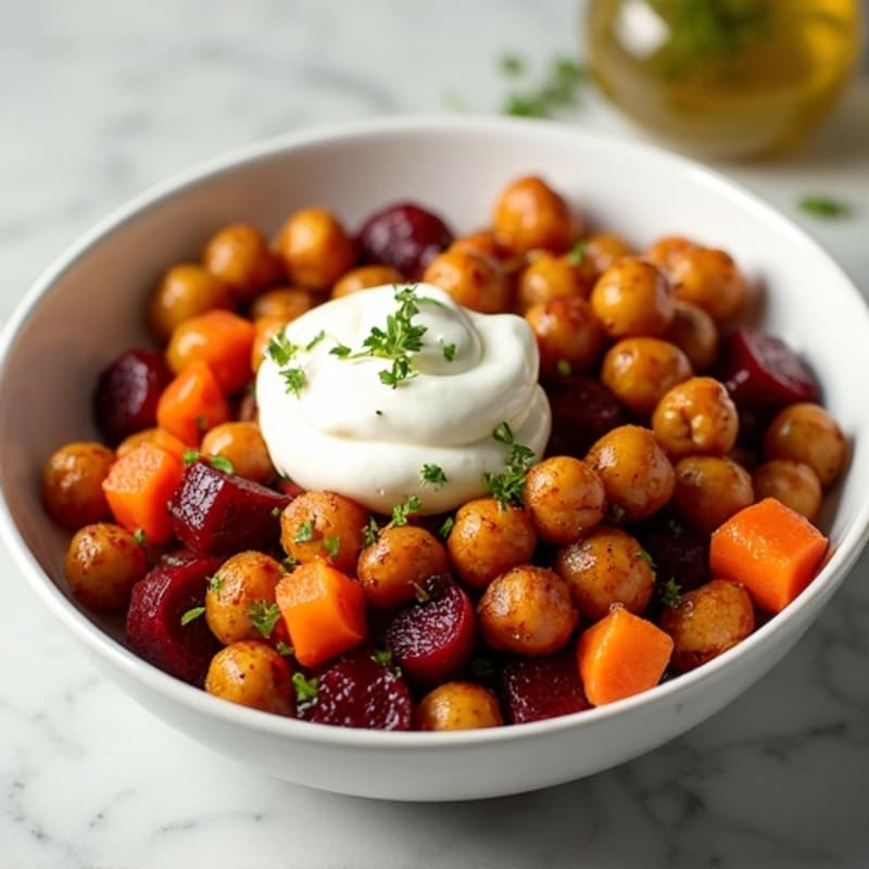Crispy Roasted Chickpeas and Root Vegetables with Greek Yogurt Dip
