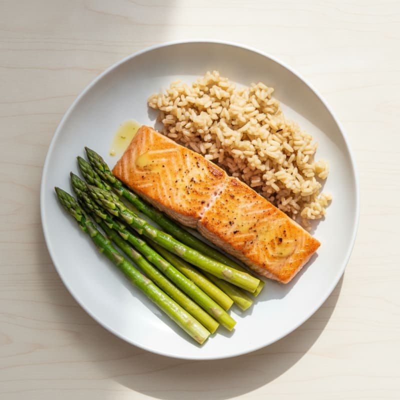Seared Salmon with Steamed Asparagus and Brown Rice