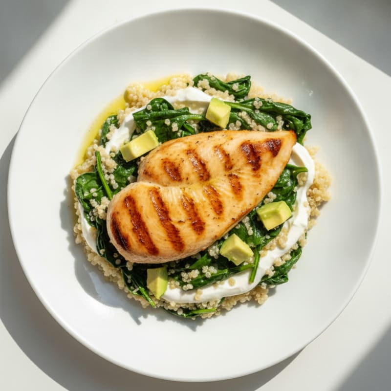 Grilled Chicken Breast with Creamy Quinoa and Sautéed Spinach