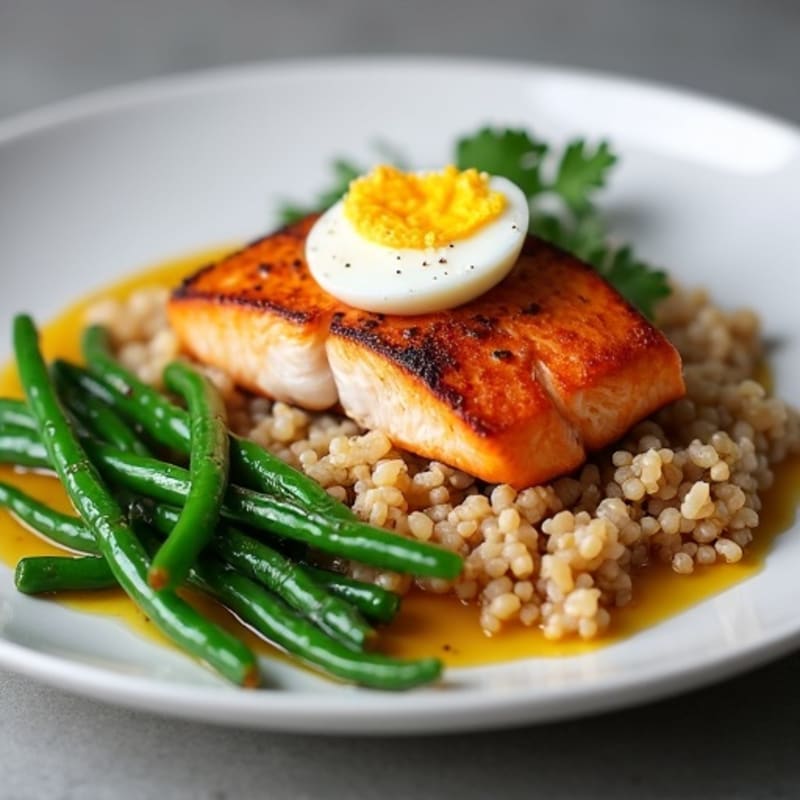 Seared Salmon with Garlic Green Beans and Brown Rice