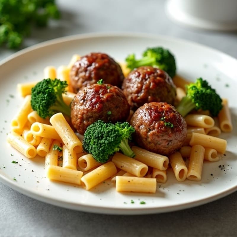 Seared Beef and Turkey Meatballs with Pasta and Steamed Broccoli