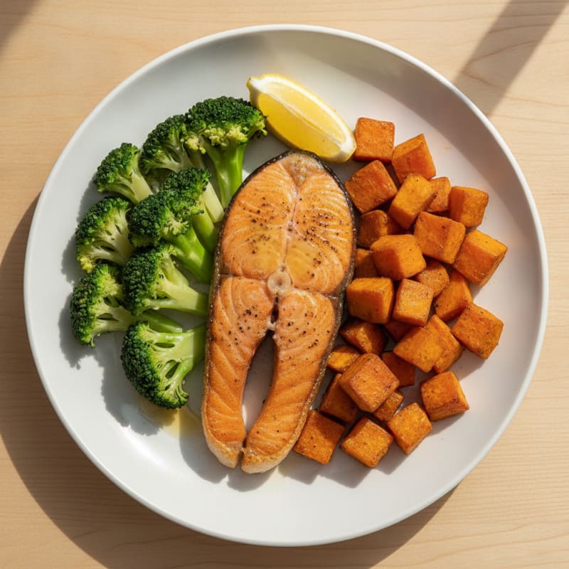 Seared Salmon with Steamed Broccoli and Roasted Sweet Potato