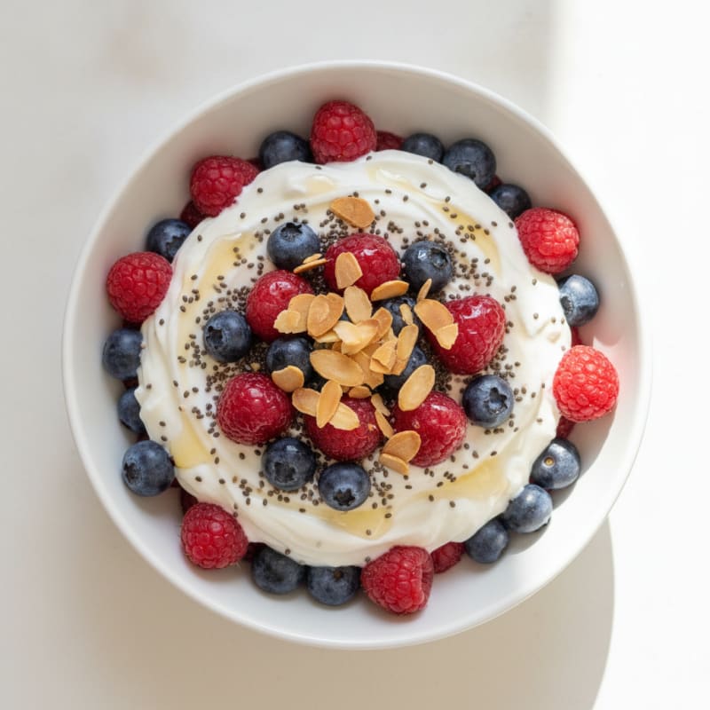 Greek Yogurt Protein Parfait with Mixed Berries and Chia Seeds