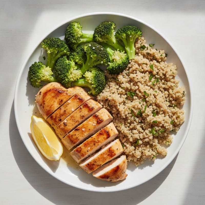 Grilled Chicken Breast with Steamed Broccoli and Quinoa
