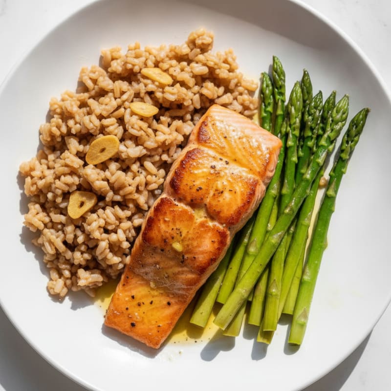 Seared Salmon with Steamed Asparagus and Garlic Brown Rice