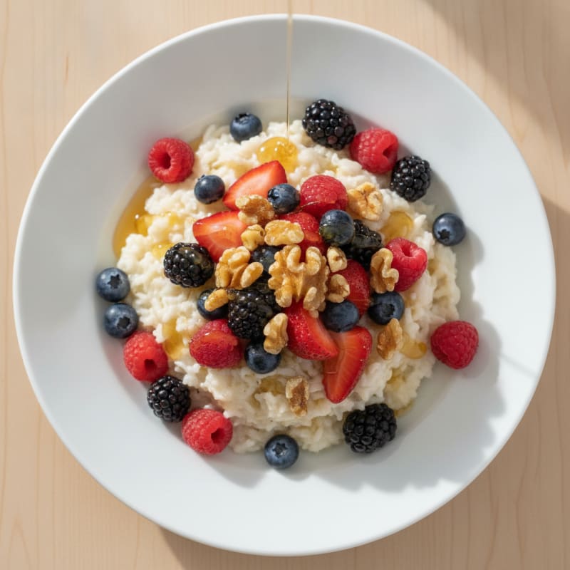 Protein Rice Pudding with Greek Yogurt and Mixed Berries