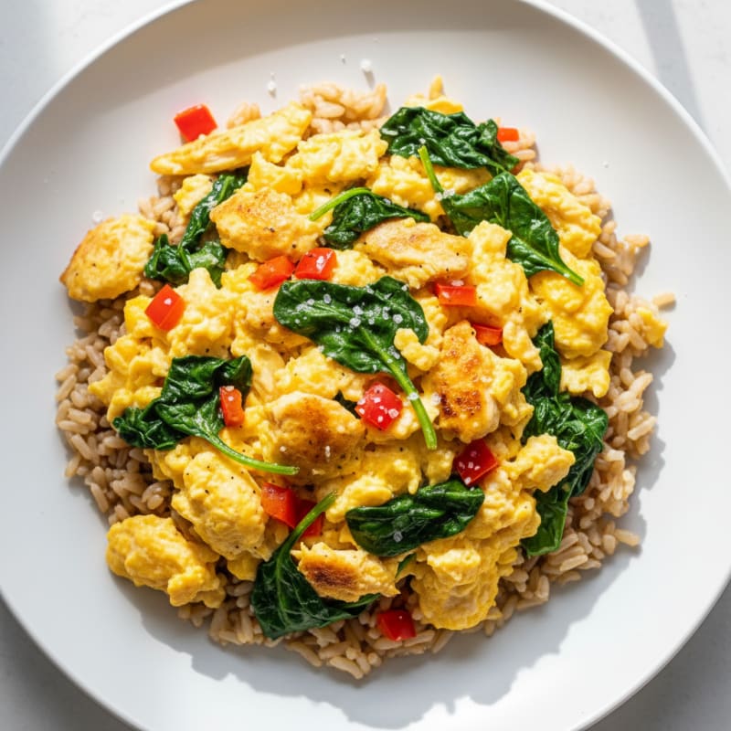 Scrambled Eggs with Chicken and Spinach