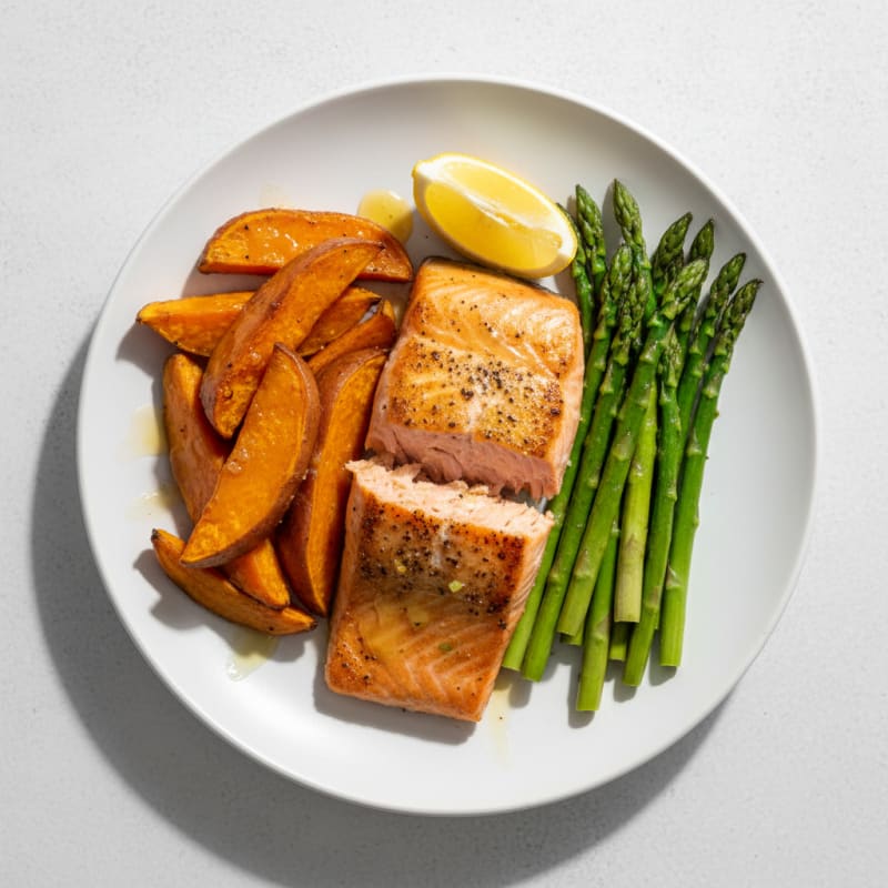 Seared Salmon Fillet with Roasted Sweet Potato and Asparagus