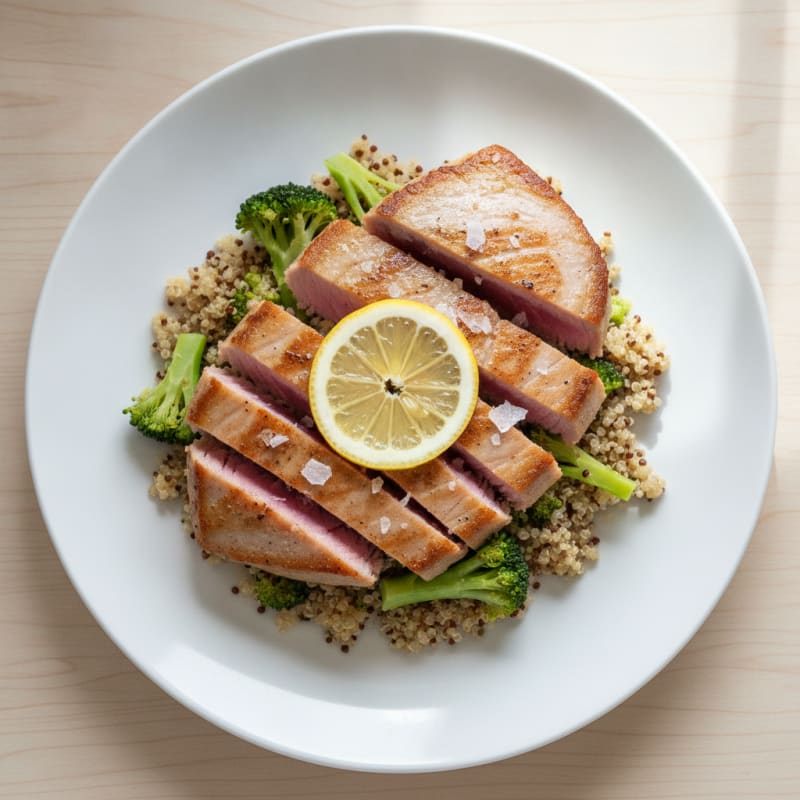 Seared Tuna Steak with Steamed Broccoli and Quinoa