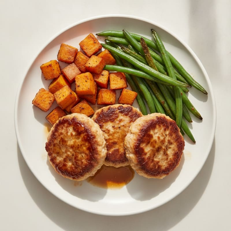 Seared Turkey Patties with Roasted Sweet Potatoes and Green Beans