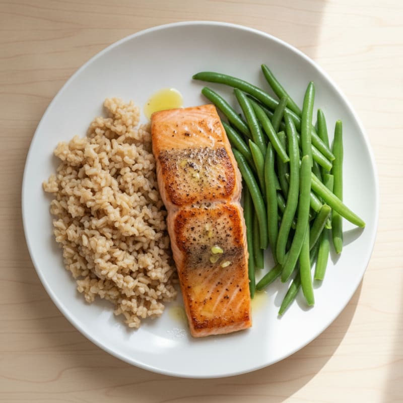 Seared Salmon Fillet with Steamed Green Beans and Brown Rice