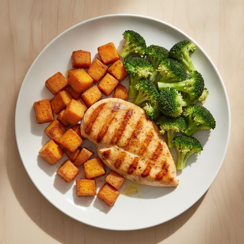 Grilled Chicken Breast with Roasted Sweet Potato and Steamed Broccoli