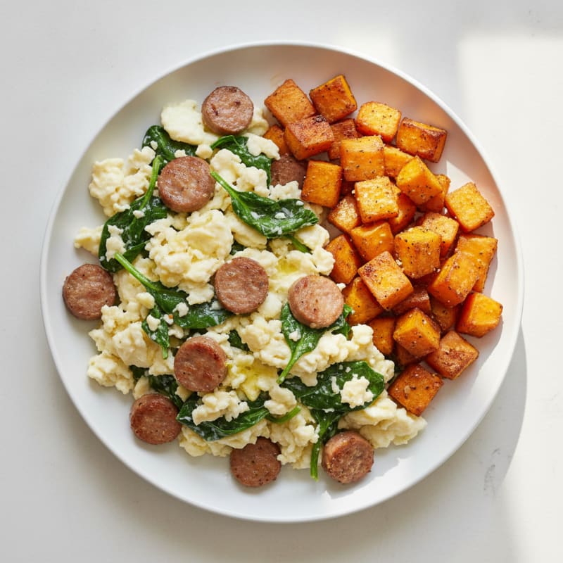 Egg White and Turkey Sausage Scramble with Spinach and Roasted Sweet Potato