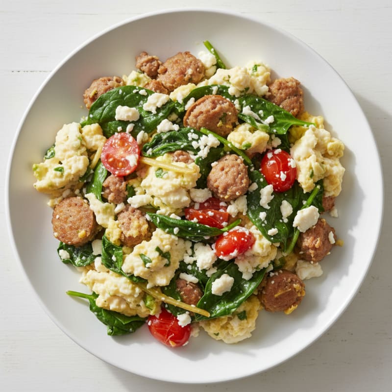 Egg White and Turkey Sausage Scramble with Spinach and Feta