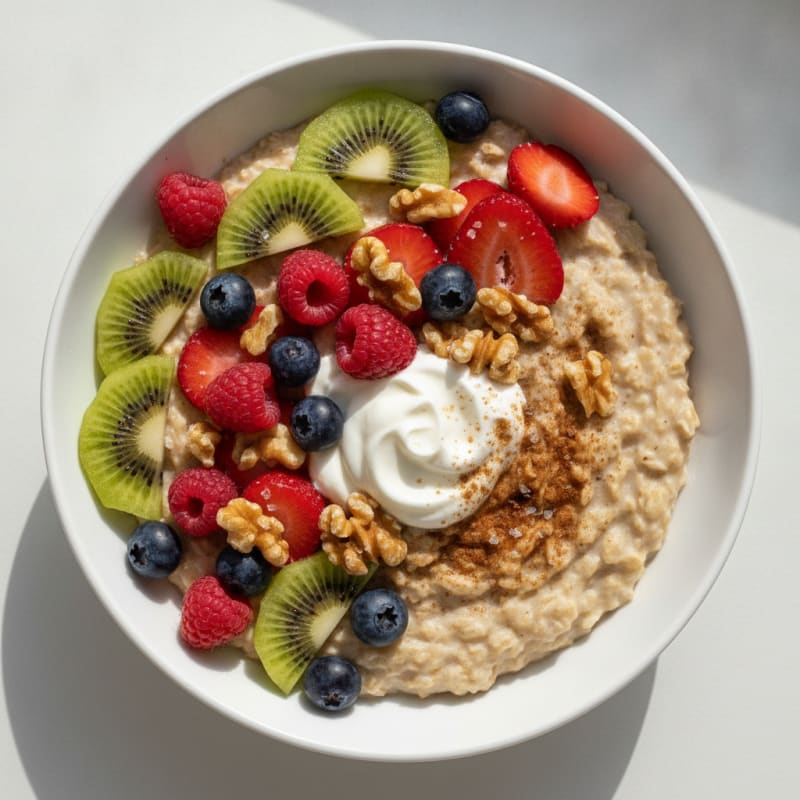 Oatmeal with Kiwi, Berries, and Walnuts