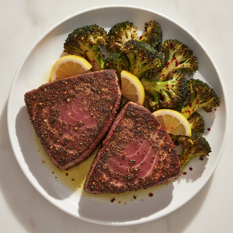 Seared Blackened Tuna with Roasted Spiced Broccoli