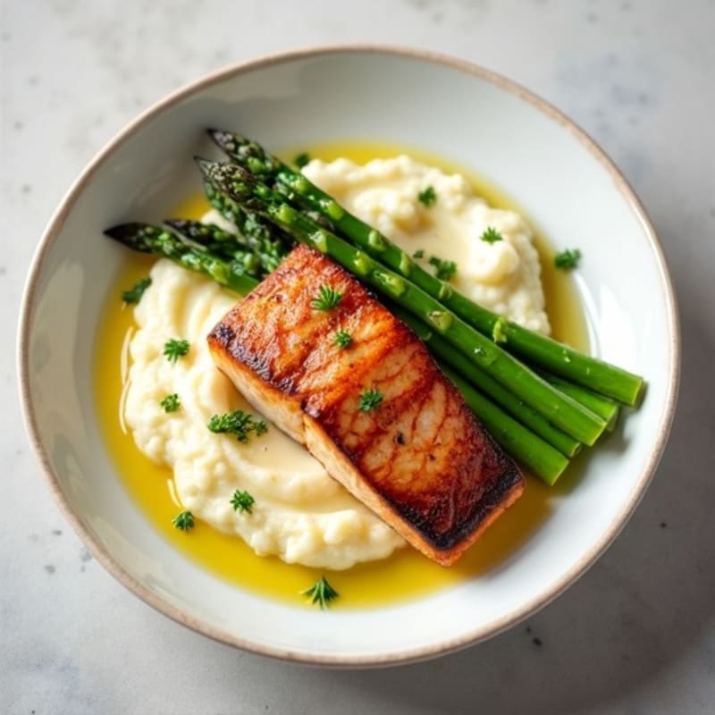 Seared Salmon with Steamed Asparagus and Cauliflower Mash