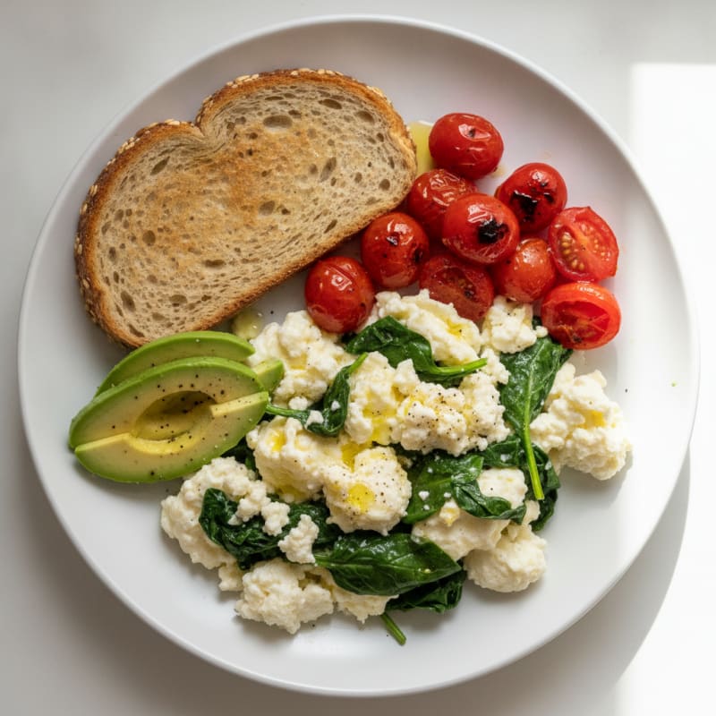 Egg White Spinach Scramble with Cottage Cheese and Cherry Tomatoes