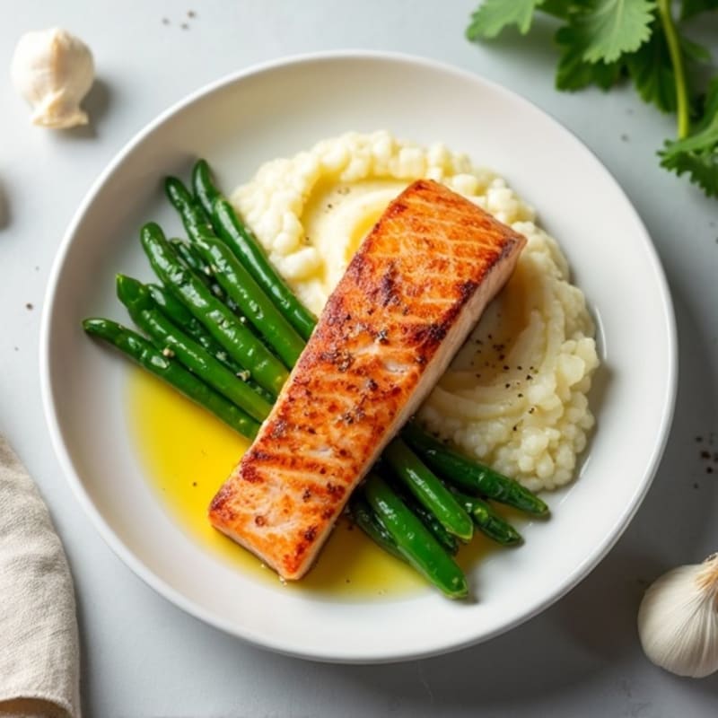 Seared Salmon with Steamed Green Beans and Garlic Cauliflower Mash