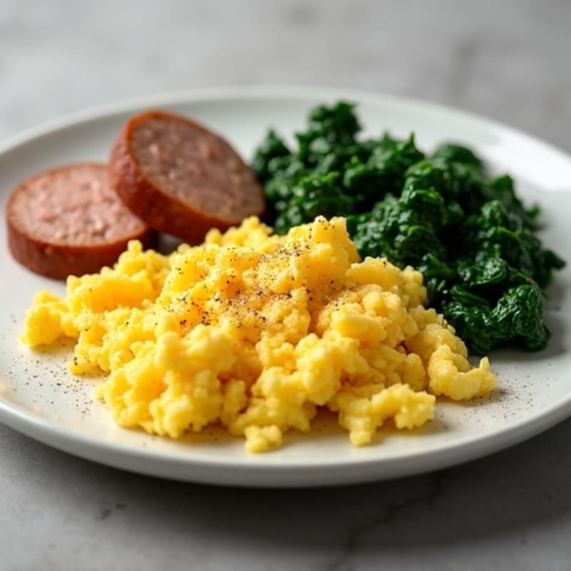 Fluffy Scrambled Eggs with Lean Turkey Sausage and Sautéed Spinach