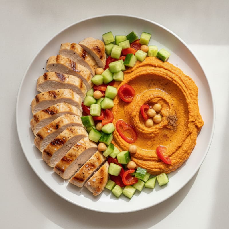 Roasted Red Pepper Hummus Dip with Grilled Chicken