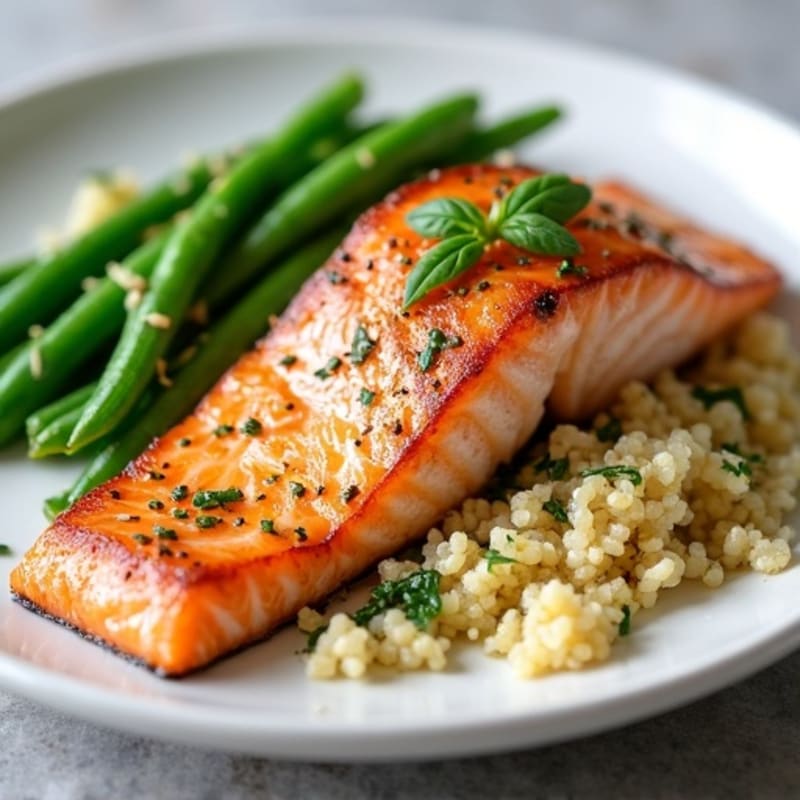 Seared Salmon with Garlic Green Beans and Quinoa