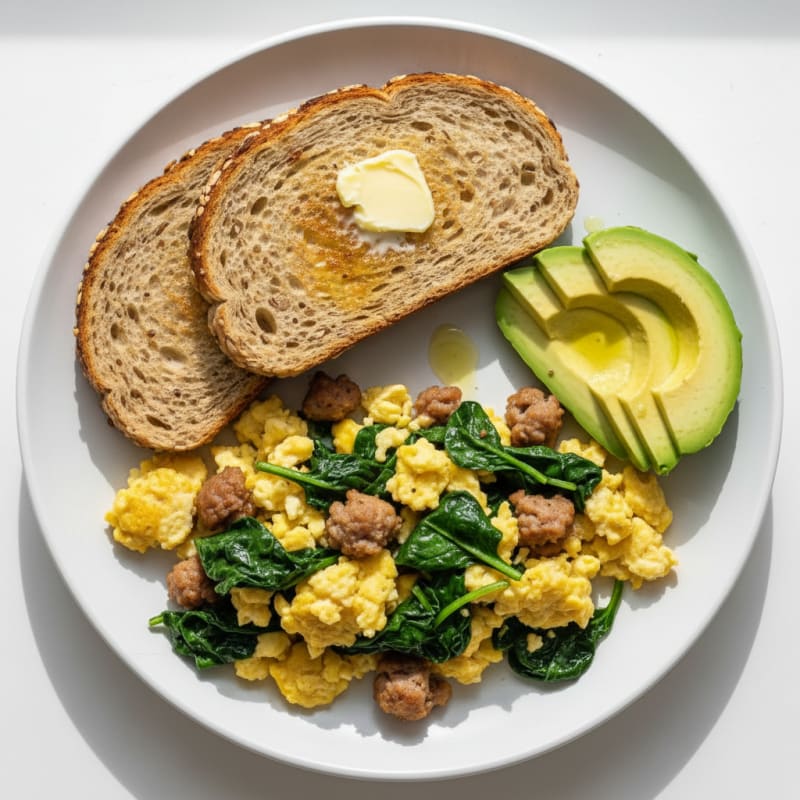 Scrambled Eggs with Turkey Sausage and Sautéed Spinach