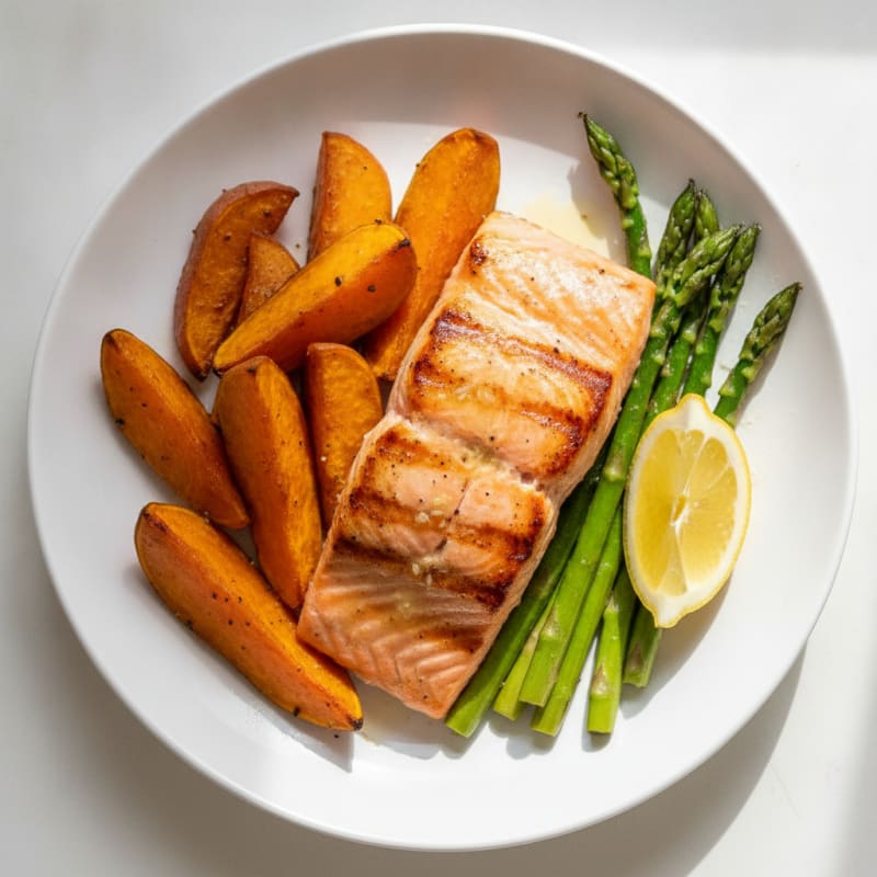 Seared Salmon Fillet with Roasted Sweet Potato and Asparagus