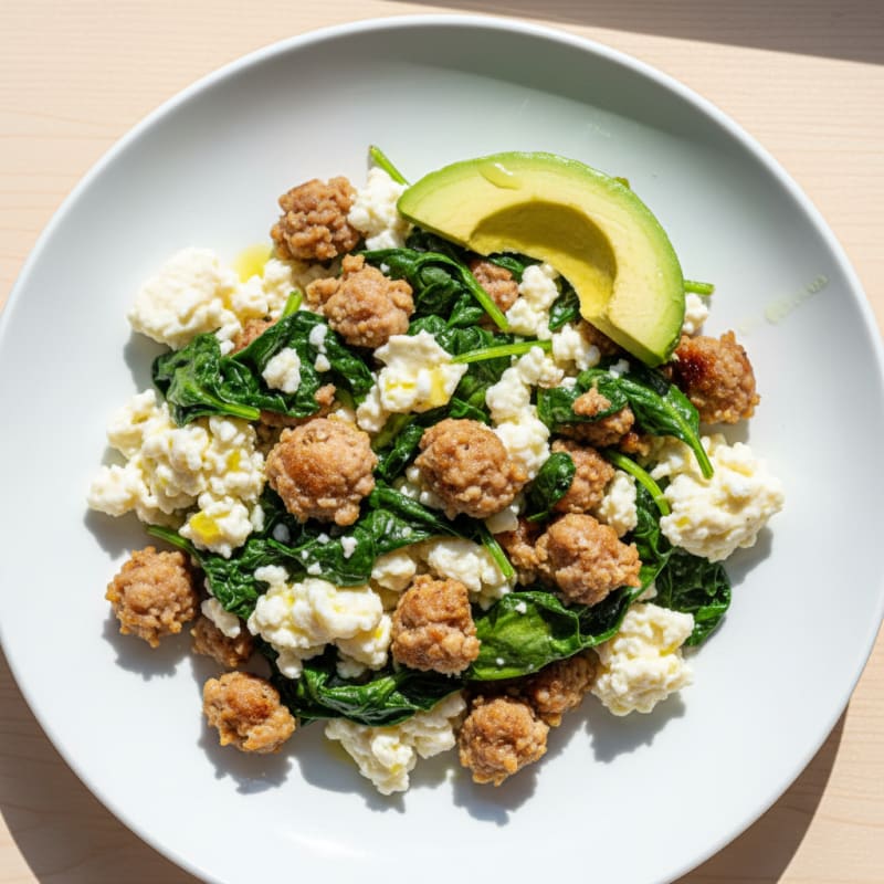 Egg White Scramble with Turkey Sausage and Sautéed Spinach