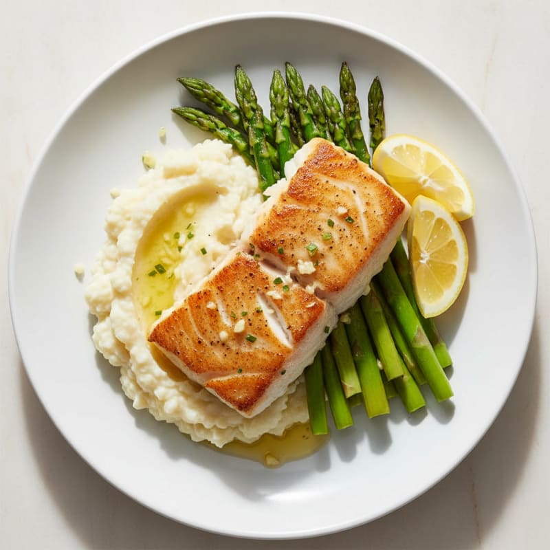 Seared Cod with Roasted Asparagus and Cauliflower Mash
