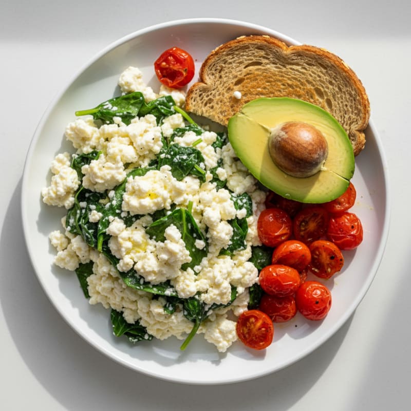 Egg White Spinach Scramble with Cottage Cheese and Cherry Tomatoes