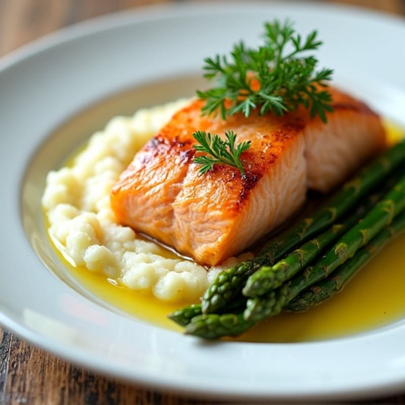 Seared Salmon Fillet with Steamed Asparagus and Cauliflower Mash