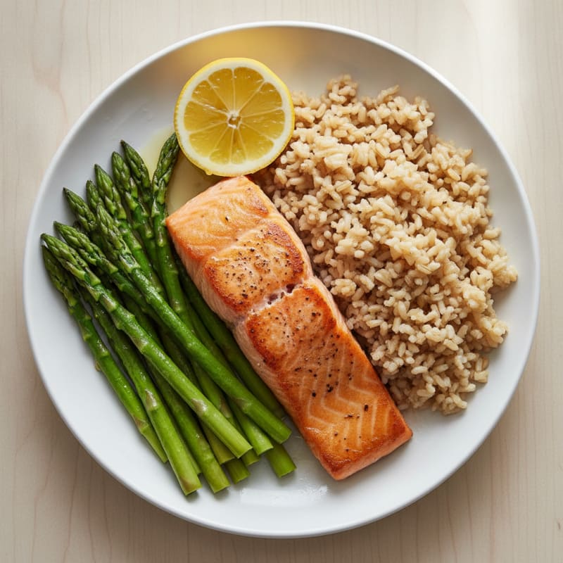 Seared Salmon with Steamed Asparagus and Brown Rice
