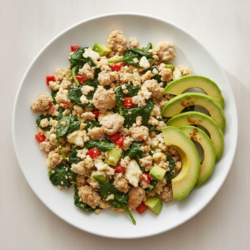 Egg White and Turkey Sausage Scramble with Sautéed Spinach