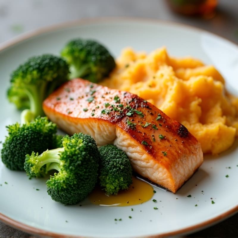 Seared Salmon with Steamed Broccoli and Garlic Mashed Sweet Potatoes