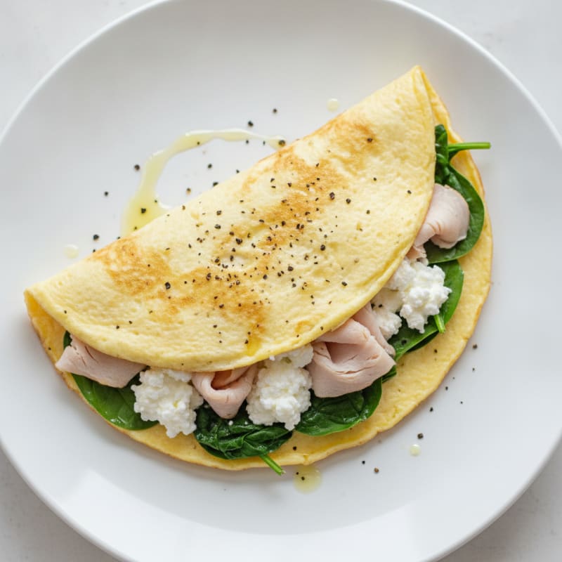Egg White Spinach Omelet with Cottage Cheese and Sliced Turkey