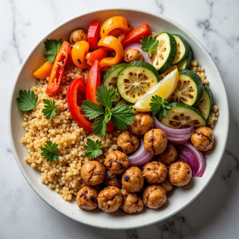 Fluffy Quinoa Bowl with Roasted Vegetables and Lemon-Herb Dressing