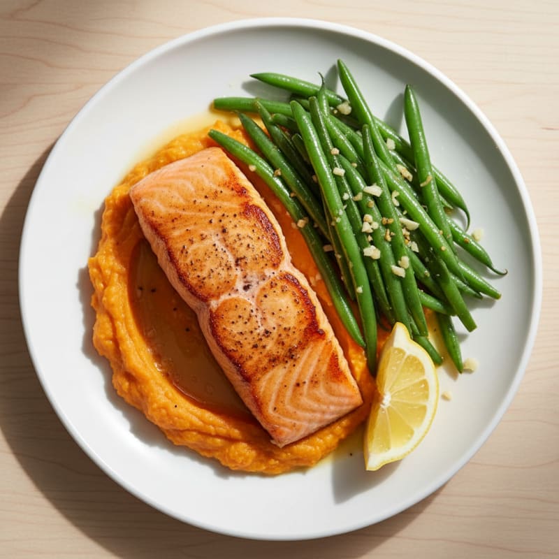 Seared Salmon with Steamed Green Beans and Sweet Potato Mash