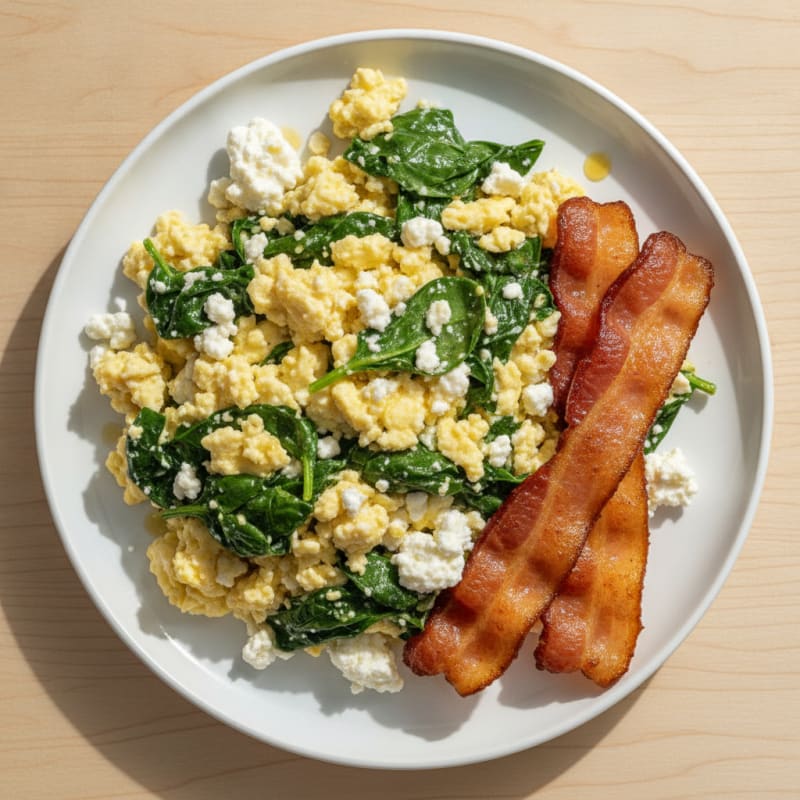 Cottage Cheese Scramble with Spinach and Turkey Bacon