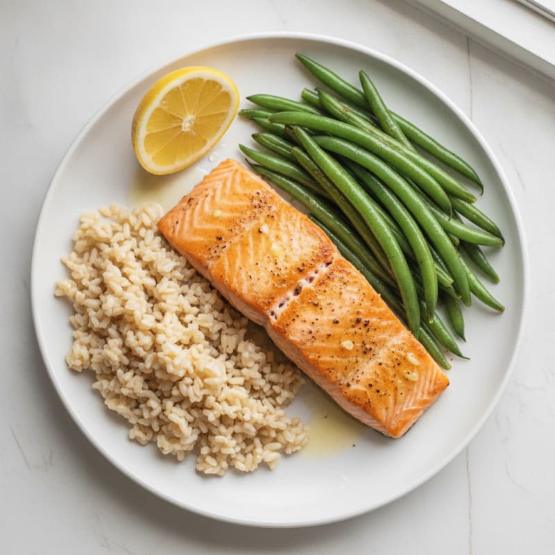 Seared Salmon with Steamed Green Beans and Brown Rice