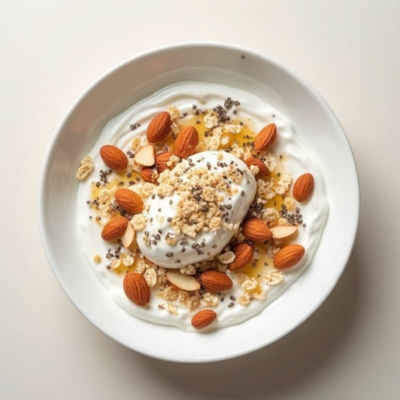 Greek Yogurt with Sliced Almonds, Chia Seeds, and Oats