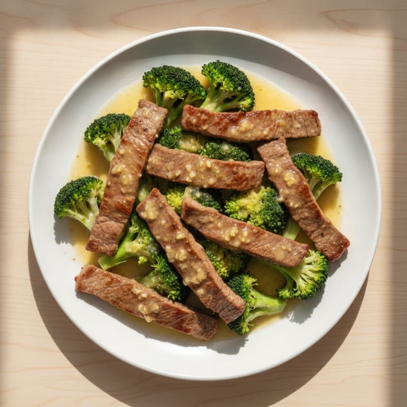 Seared Beef Strips with Steamed Broccoli and Garlic-Lemon Sauce
