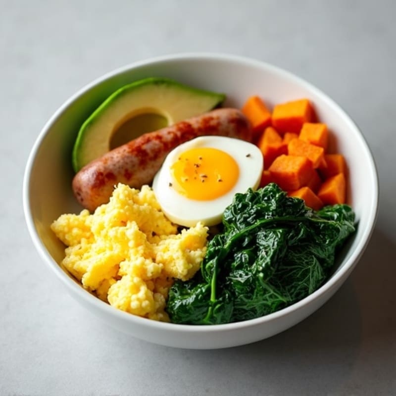 Scrambled Egg White and Turkey Sausage Bowl with Spinach and Sweet Potato