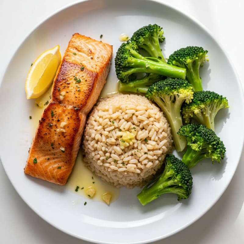 Seared Salmon with Steamed Broccoli and Garlic Brown Rice