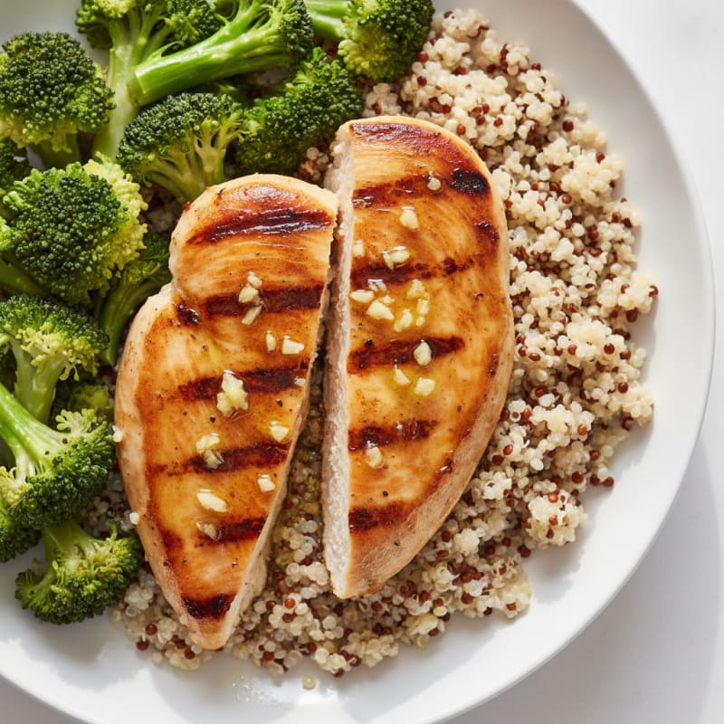 Grilled Lemon Chicken Breast with Quinoa and Steamed Broccoli
