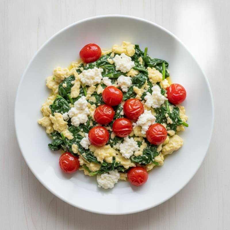 Egg White Spinach Scramble with Cottage Cheese and Cherry Tomatoes