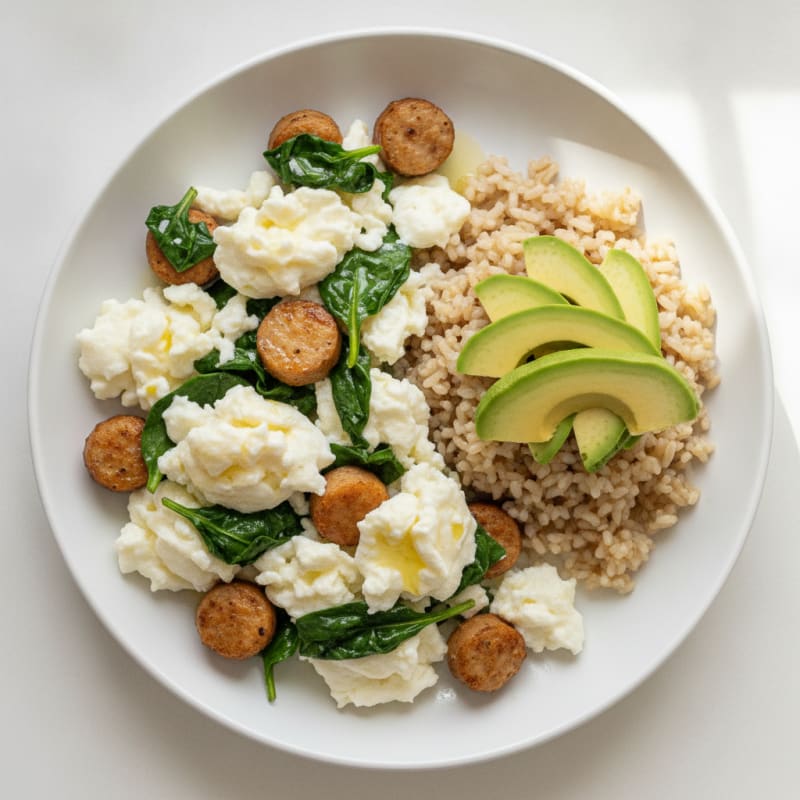 Scrambled Egg Whites with Chicken Sausage and Sautéed Spinach