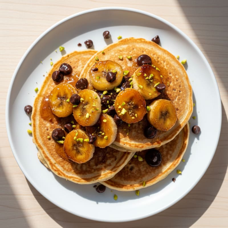 Fluffy Caramelized Banana Chocolate Chip Pancakes