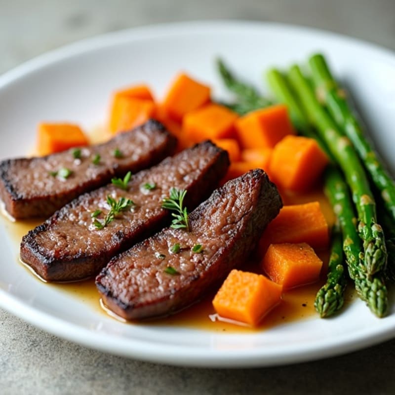 Seared Lean Beef Strips with Roasted Sweet Potato and Asparagus