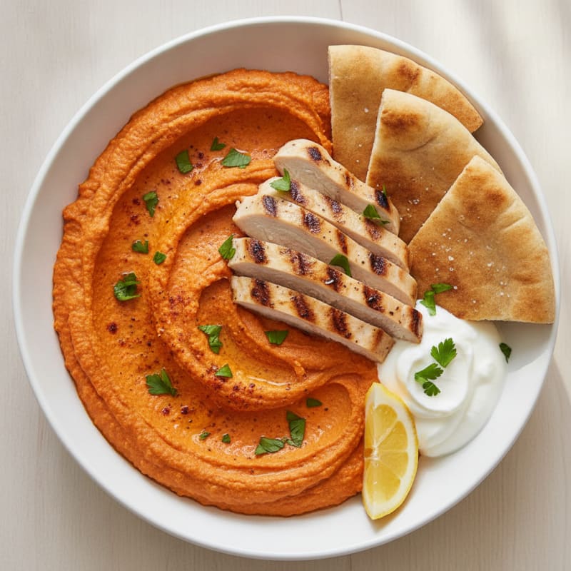 Roasted Red Pepper Hummus with Grilled Chicken and Pita